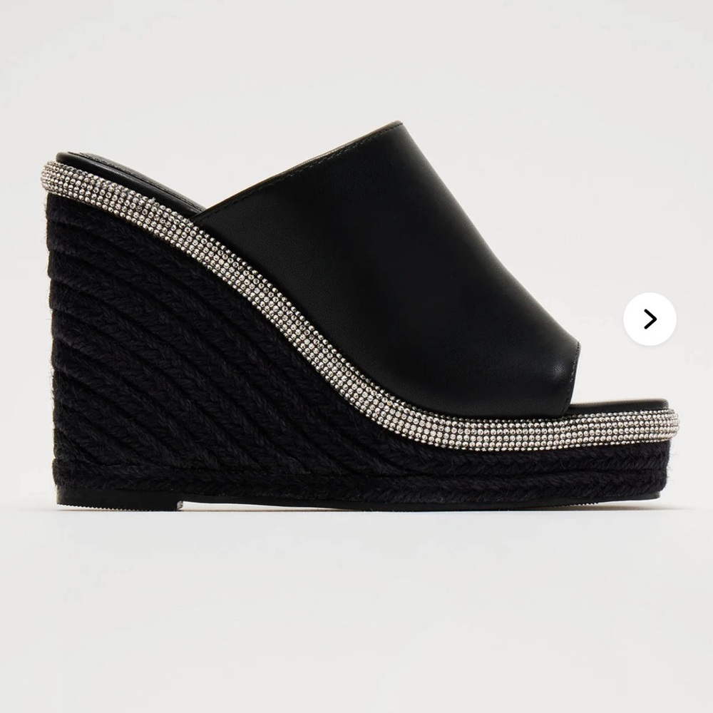 Black Wedge Sandals with Rhinestone Trim